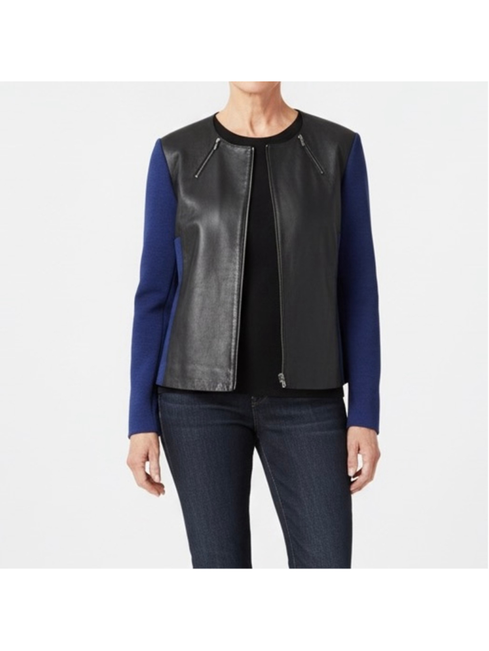 ST. JOHN LEATHER MILANO KNIT JACKET SIZE 16 COLOUR BLACK CAVIAR VIVID DENIM